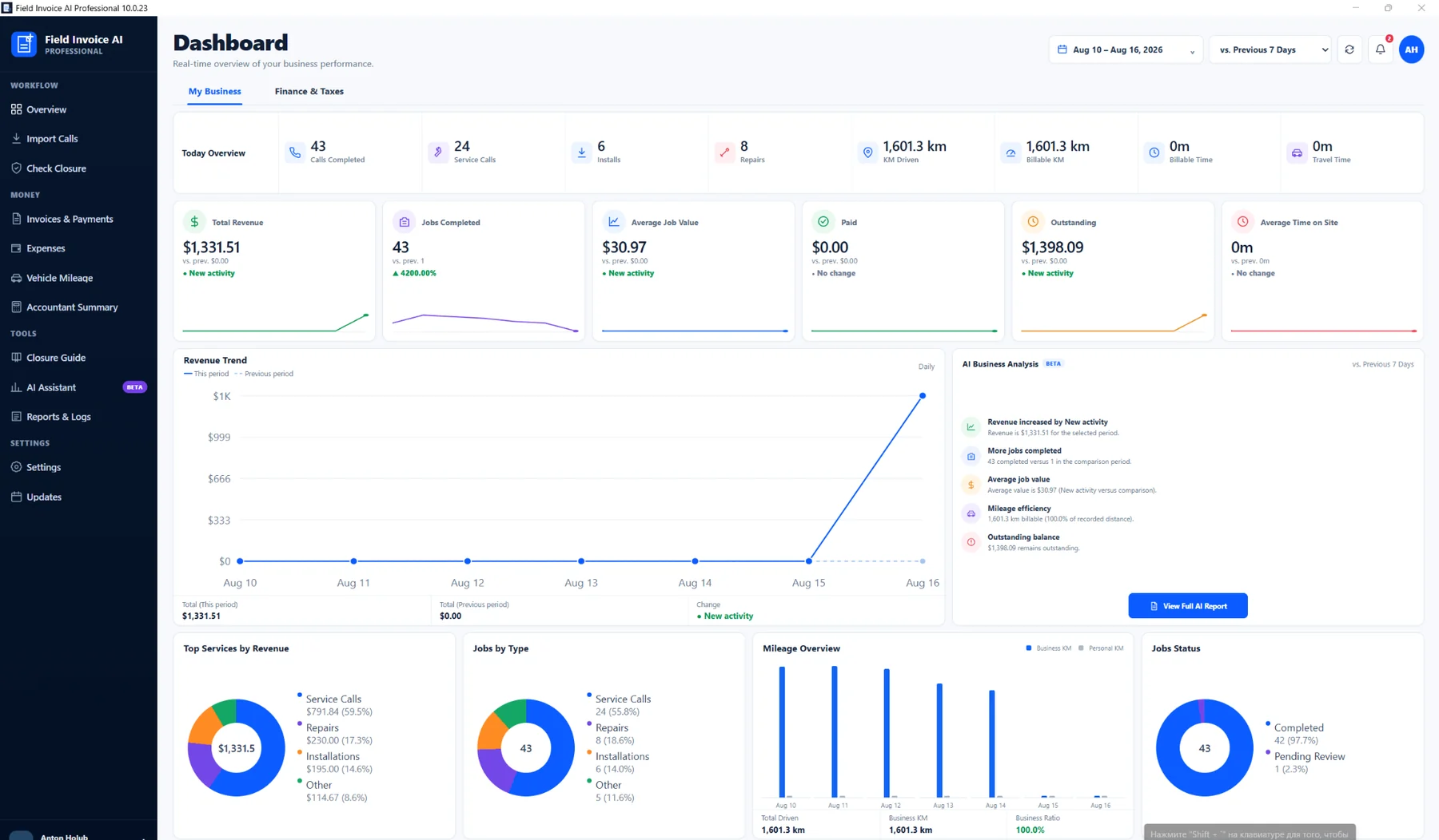 Field Invoice AI Professional dashboard with invoices, expenses, mileage, reporting and AI business analysis
