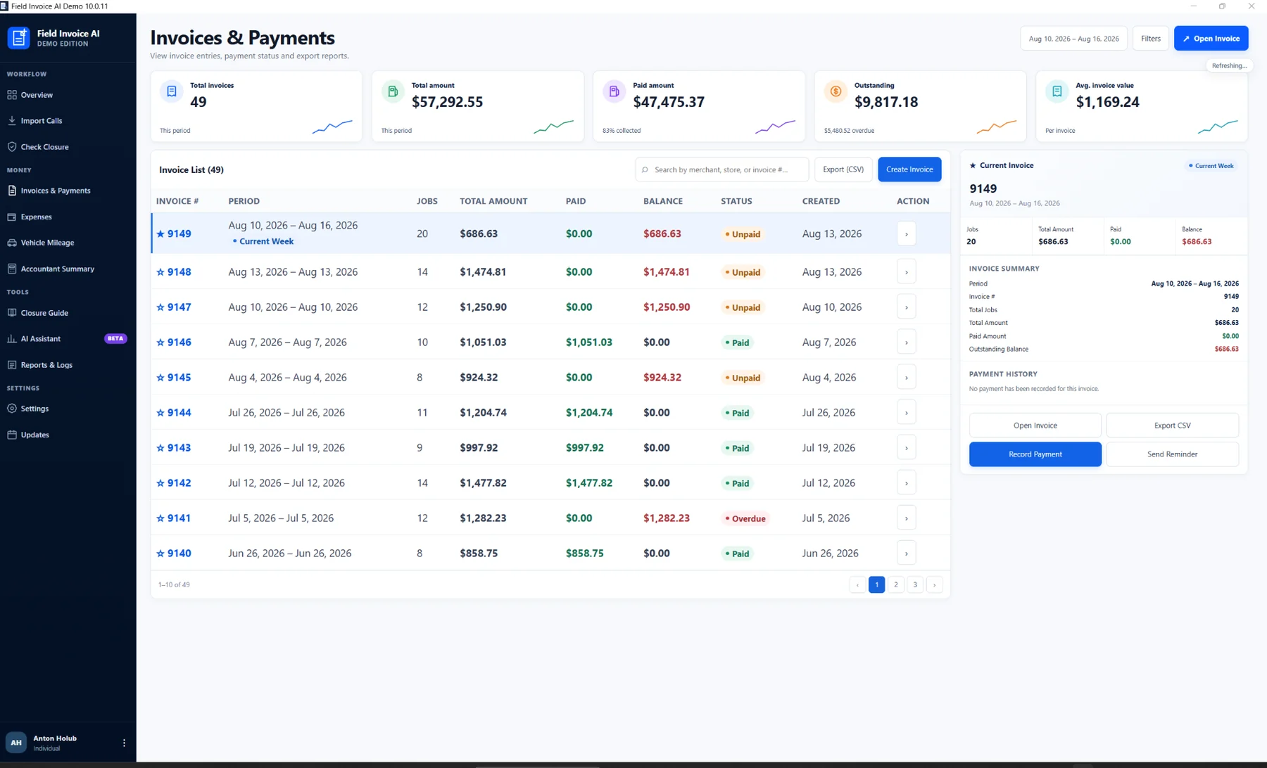 Invoices and payments screen